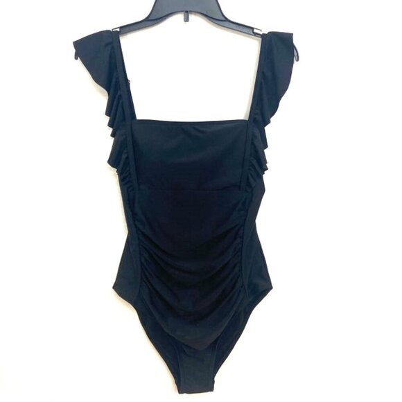 Charmo Other - Charmo Bathing Suit Women's Sz L Black 1 Piece Ruffle Tie Back Ruched Front